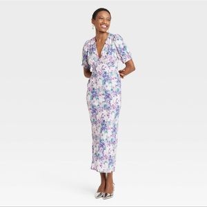 Women's Crepe Puff Short Sleeve Midi Dress - A New Day Blue Floral S